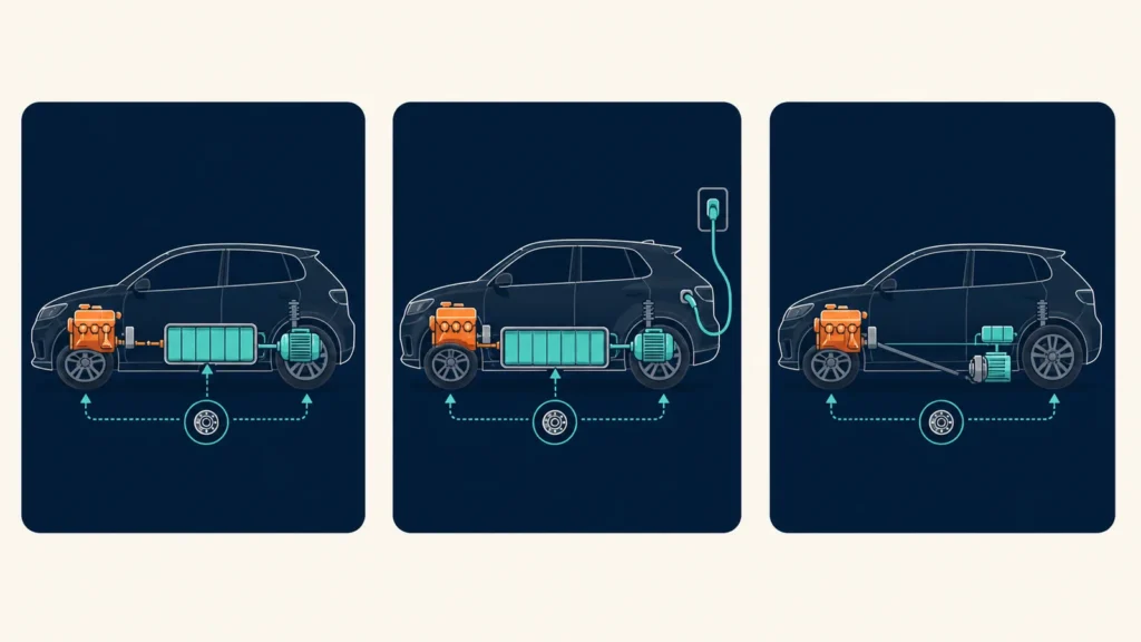 Esquema de tres arquitecturas híbridas. A la izquierda un HEV: motor de gasolina, batería pequeña y motor eléctrico, sin enchufe. En el centro un PHEV: lo mismo con batería mayor y un cable de carga conectado. A la derecha un MHEV: una batería mínima que solo asiste al motor de gasolina.